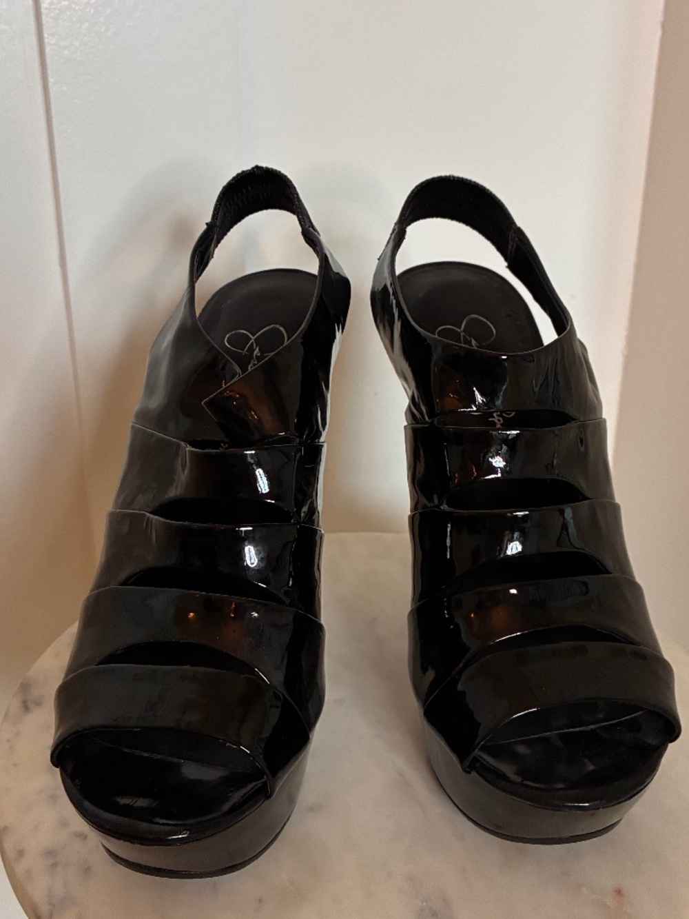 Jessica Simpson black patent cutout platform stiletto heels